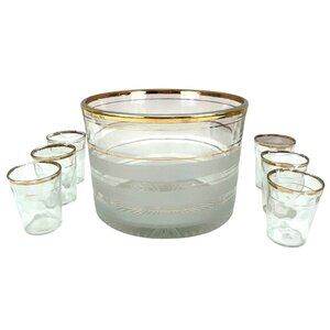 MCM Gold-Rimmed Mad Men Ice Bucket & 6 Glasses Set Home Bar Accessories